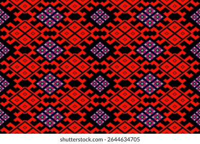 A vivid and colorful pixel art pattern inspired by traditional Thai Praewa weaving from the Isan region. The vibrant orange base is complemented with blue, purple, green, and white geometric motifs ar