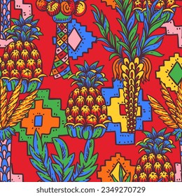 Vivid colorful tropical seamless pattern,  summer pineapple fruit on red