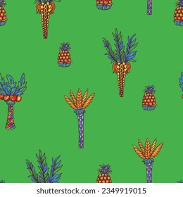 Vivid colorful tropical seamless pattern,  summer pineapple fruit on green