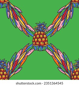Vivid colorful tropical seamless pattern,  summer pineapple fruit on green