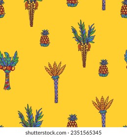 Vivid colorful tropical seamless pattern,  summer pineapple fruit on red