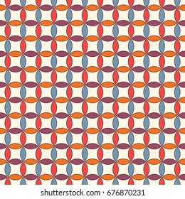 Vivid colors abstract background with overlapping circles. Petals motif. Seamless pattern with classic geometric ornament. Bright digital paper, textile print, page fill. Vector art