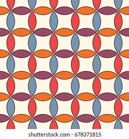 Vivid colors abstract background with overlapping circles. Petals motif. Seamless pattern with classic geometric ornament. Bright digital paper, textile print, page fill. Vector art