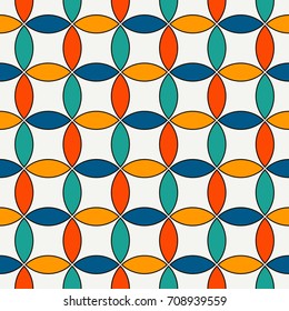 Vivid colors abstract background with overlapping circles. Petals motif. Seamless pattern with classic geometric ornament. Retro digital paper, textile print, page fill. Vector art