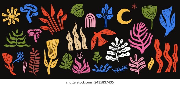 Vivid colors abstract sea floral fauna shapes and elements against black background. Modern figures bird moon leaves plant oval spiral flower  and other primitive elements. Swiss design aesthetic