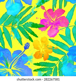 Vivid colors bright tropical flowers vector seamless pattern