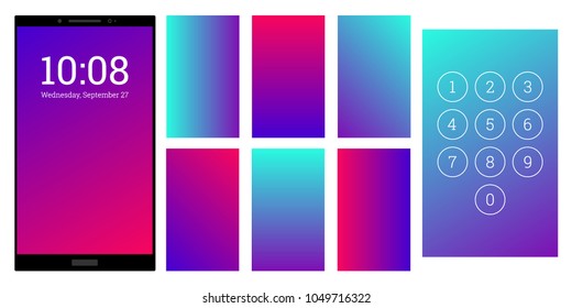 Vivid colors gradient screen backgrounds set. Violet and red numpad and screensaver kit. Vector wallpaper UI template for smartphone display. Device or gadget GUI for app, home or lock screen.