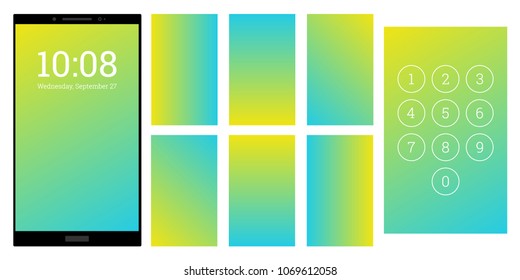 Vivid colors gradient screen backgrounds set. Green and yellow numpad and screensaver kit. Vector wallpaper UI template for smartphone display. Device or gadget GUI for app, home or lock screen.