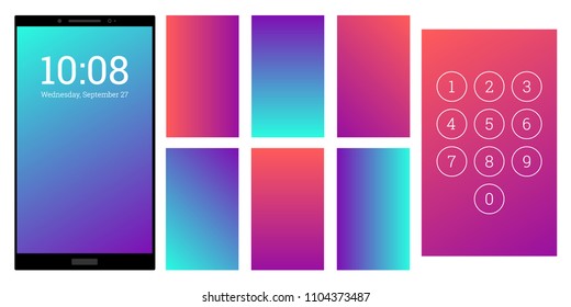 Vivid colors gradient screen backgrounds set. Cyan and orange numpad and screensaver kit. Vector wallpaper UI template for smartphone display. Device or gadget GUI for app, home or lock screen.
