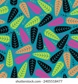 Vivid colors leaf seamless pattern illustration. Children style floral doodle background.