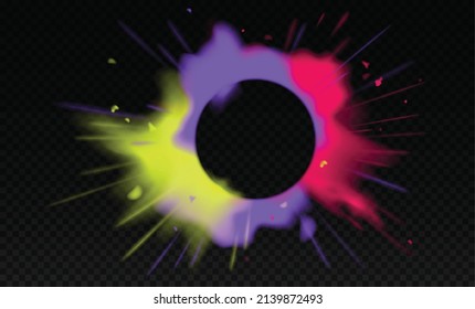 Vivid Colors Paint Powder Splash And Drops. Holi Festival Banner Over Abstract Color Explosion. Transparent Clouds Of Paint Powder Isolated On Dark Background. Vector Illustration