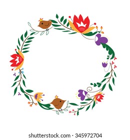 vivid coloured fairytale birds and flowers wreath, vector illustration