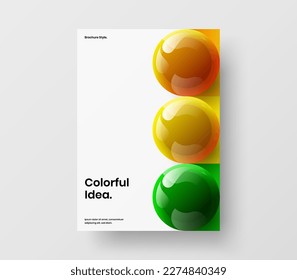 Vivid company brochure A4 vector design illustration. Multicolored realistic spheres annual report concept.