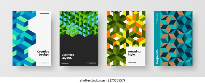 Composición de diseño de vectores de folletos de la empresa Vivid. Colección de concepto de volante de hexágonos geométricos única.
