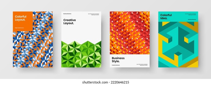 Vivid company brochure vector design concept collection. Modern mosaic hexagons corporate cover template composition.