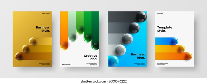 Vivid company cover design vector illustration set. Unique 3D spheres handbill template composition.