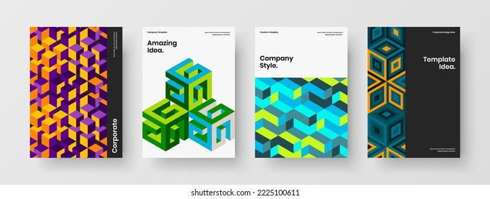 Vivid company identity A4 design vector illustration set. Unique geometric tiles front page concept composition.