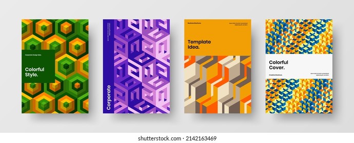 Vivid company identity design vector concept set. Fresh mosaic pattern brochure layout collection.