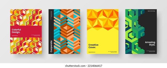 Vivid company identity design vector illustration set. Isolated geometric hexagons leaflet template collection.