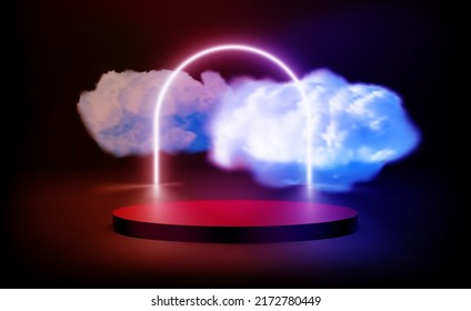 Lebhafte Komposition mit Kreispodium und Wolken. 3D-Vektorgrafik 