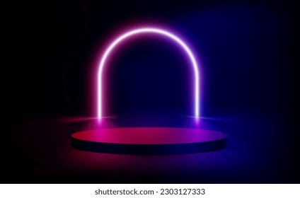 Composición vívida con el podio circular y el arco neón. 3.ª ilustración vectorial 