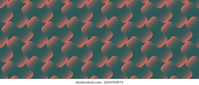 Vivid composition featuring engaging pattern of rounded rhombuses, interplaying shades of red and green. Grainy textured wide abstract vector dynamic background. Psychedelic style graphic abstraction
