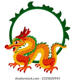 A vivid concept of a Japanese fantasy festival dragon with a frame. Cartoon dragon in juicy colors for a holiday on a white background. Asian dragon. Oriental theme of the holiday