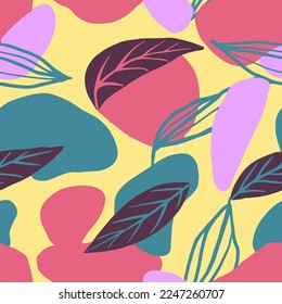 Vivid Continuous Exotic Graphic Branch Surface Wallpaper. Pastel Seamless Fashion Fresh Plant Leaves Print. Vibrant Repetitive Classic Blossom Paint Art.