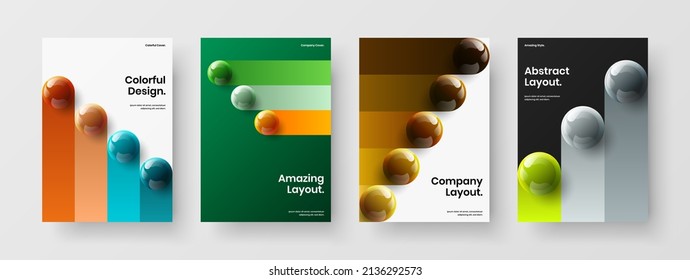 Vivid corporate brochure design vector illustration composition. Original realistic spheres company identity layout bundle.