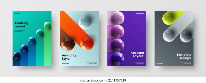 Vivid corporate brochure design vector concept collection. Amazing realistic balls cover layout composition.