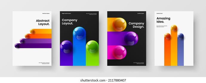 Conjunto de plantillas de diseño de vectores A4 de cubierta corporativa intensa. Limpie el paquete de diseño de identidad de las esferas 3D de la compañía.