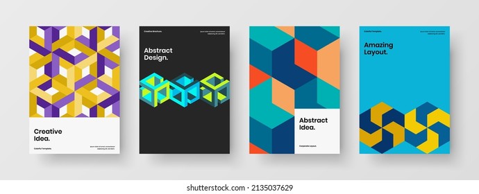Vivid corporate cover design vector concept set. Fresh mosaic tiles front page illustration bundle.
