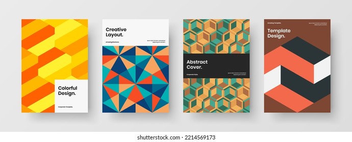 Vivid corporate cover vector design illustration set. Multicolored mosaic shapes booklet template composition.