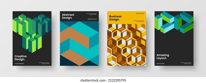Vivid corporate identity A4 vector design layout collection. Multicolored mosaic hexagons leaflet illustration bundle.