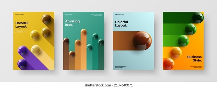 Vivid corporate identity A4 vector design illustration collection. Abstract 3D spheres cover layout bundle.