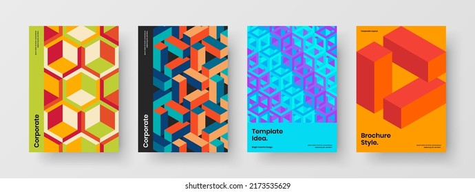 Composición de la plantilla de diseño de vectores de cubierta Vivid. Conjunto de ilustraciones de informe anual de hexágonos geométricos creativos.