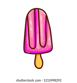 Vivid crtoon icecream vector illustration isolated on white background. Colourful dessert food.  Pink popsicle