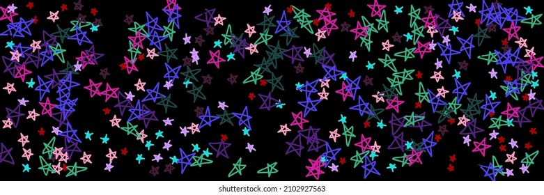 Vivid Dark Bordo Chaotic Colorful Purple Pastel Handdrawn Stars. Stars Pink Naive Childish Green Mint Violet Illustration. Night Multicolor Kids Vibrant Bright Red Lavender Black Sky Background.