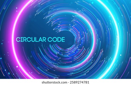 A vivid depiction of circular light trails forming a radiant pattern, representing the idea of circular code and digital technology.