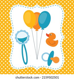 vivid design baby shower invitation. balloons, toys and yellow dots background 
