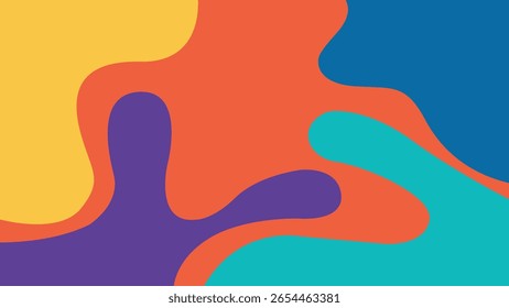 Diseño vívido con audaces manchas orgánicas y Formas curvas en naranja, turquesa, púrpura y azul sobre un campo rojo brillante.