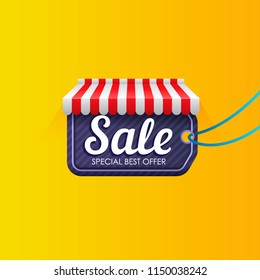 Vivid design of discount and sale offer promotion on bright tag in design with striped tent on bright yellow background