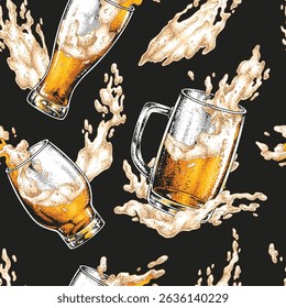 Vivid design featuring various beer glasses filled with golden liquid displaying energetic splashes. Ideal for beverage-themed decor or fabric this design captures the joy of drinking beer.