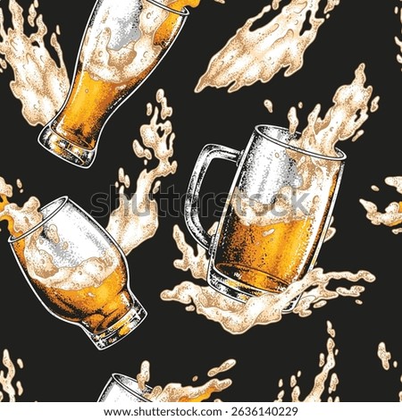 Vivid design featuring various beer glasses filled with golden liquid displaying energetic splashes. Ideal for beverage-themed decor or fabric this design captures the joy of drinking beer.