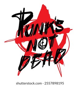 A vivid design showcases the phrase Punk's Not Dead within an anarchist star. The artwork combines black and red colors emphasizing rebellion and punk culture.