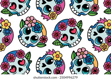 Vivid Dia de los Muertos pattern with cartoonish skulls and floral accents, extile design, wrapping paper, festive event themes. Vibrant color palette, fun, lively style