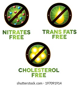 Vivid diet icon set, food intolerance such as Nitrates free, trans fats free and cholesterol free. Isolated on white background.