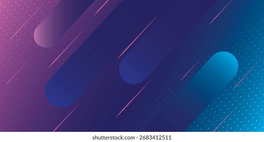 Fondo digital vívido con un degradado liso de púrpura a azul, con rectángulos redondeados volumétricos y líneas diagonales delgadas, creando un diseño abstracto moderno.