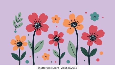 A vivid digital illustration showcasing flowers of various shapes and colors, including blooming red, yellow, and pink flowers that complement the green leaves and small decorative dots.