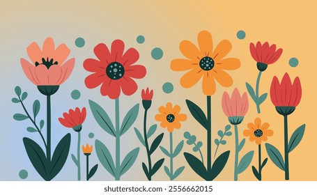 A vivid digital illustration showcasing flowers of various shapes and colors, including blooming red, yellow, and pink flowers that complement the green leaves and small decorative dots.